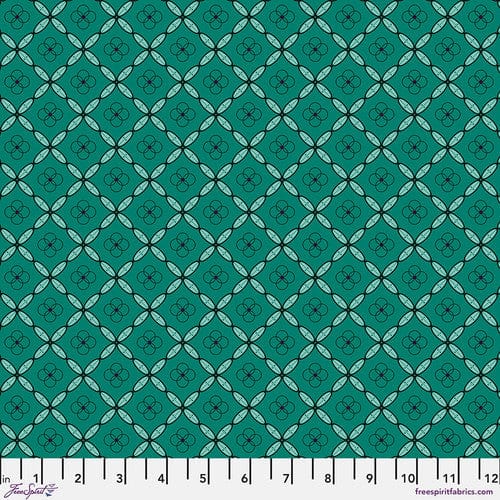 A woven patterned fabric in Emerald green, featuring a geometric tile design.