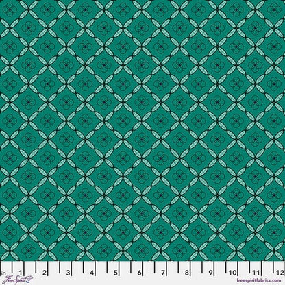A woven patterned fabric in Emerald green, featuring a geometric tile design.