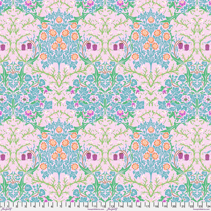 Cotton quilting fabric pattern called 'Blackthorn in Pink'. Part of the 'Kaffe x The Original Morris & Co.' fabric collection. Designed by Kaffe Fassett and William Morris for fabric company Free Spirit Fabrics. SKU: PWKW002.PINK. 44-45 inch width.