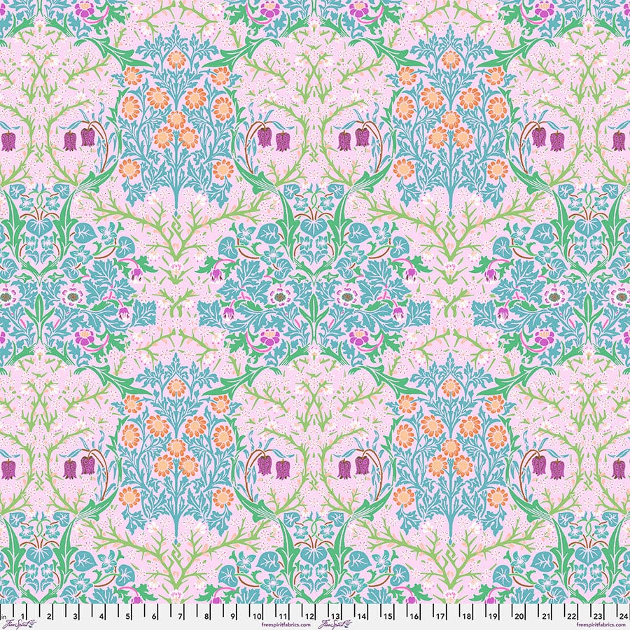 Cotton quilting fabric pattern called 'Blackthorn in Pink'. Part of the 'Kaffe x The Original Morris & Co.' fabric collection. Designed by Kaffe Fassett and William Morris for fabric company Free Spirit Fabrics. SKU: PWKW002.PINK. 44-45 inch width.