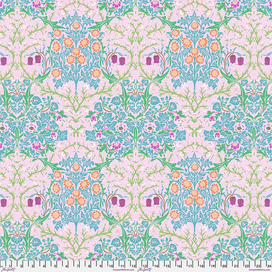 Cotton quilting fabric pattern called 'Blackthorn in Pink'. Part of the 'Kaffe x The Original Morris & Co.' fabric collection. Designed by Kaffe Fassett and William Morris for fabric company Free Spirit Fabrics. SKU: PWKW002.PINK. 44-45 inch width.