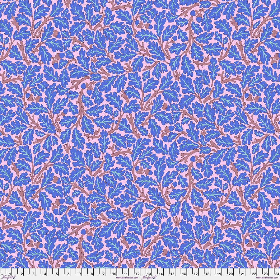 Cotton quilting fabric pattern called 'Oak in Blue'. Part of the 'Kaffe x The Original Morris & Co.' fabric collection. Designed by Kaffe Fassett and William Morris for fabric company Free Spirit Fabrics. SKU: PWKW003.BLUE. 44-45 inch width.
