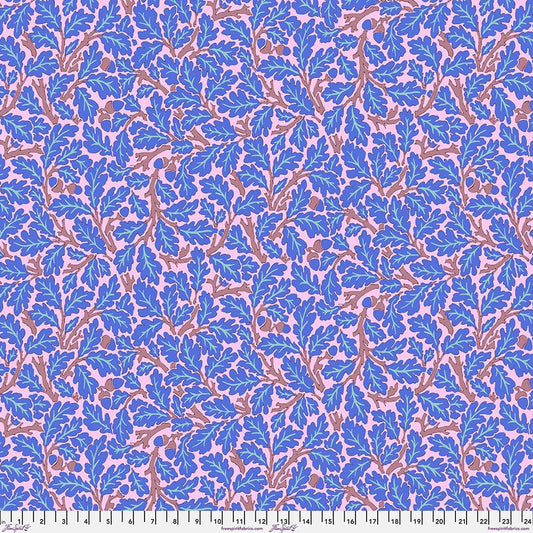 Cotton quilting fabric pattern called 'Oak in Blue'. Part of the 'Kaffe x The Original Morris & Co.' fabric collection. Designed by Kaffe Fassett and William Morris for fabric company Free Spirit Fabrics. SKU: PWKW003.BLUE. 44-45 inch width.