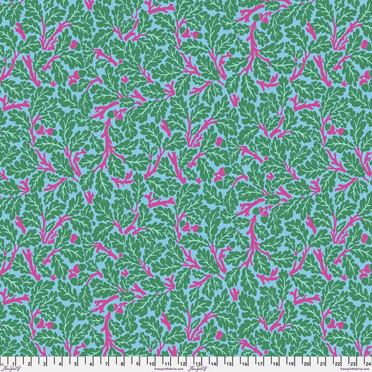 Cotton quilting fabric pattern called 'Oak in Turquoise'. Part of the 'Kaffe x The Original Morris & Co.' fabric collection. Designed by Kaffe Fassett and William Morris for fabric company Free Spirit Fabrics. SKU: PWKW003.TURQUOISE. 44-45 inch width.