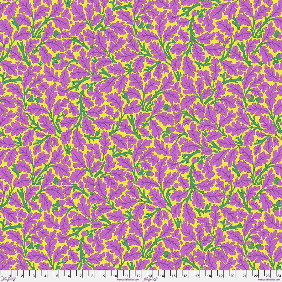 Cotton quilting fabric pattern called 'Oak in Violet'. Part of the 'Kaffe x The Original Morris & Co.' fabric collection. Designed by Kaffe Fassett and William Morris for fabric company Free Spirit Fabrics. SKU: PWKW003.VIOLET. 44-45 inch width.