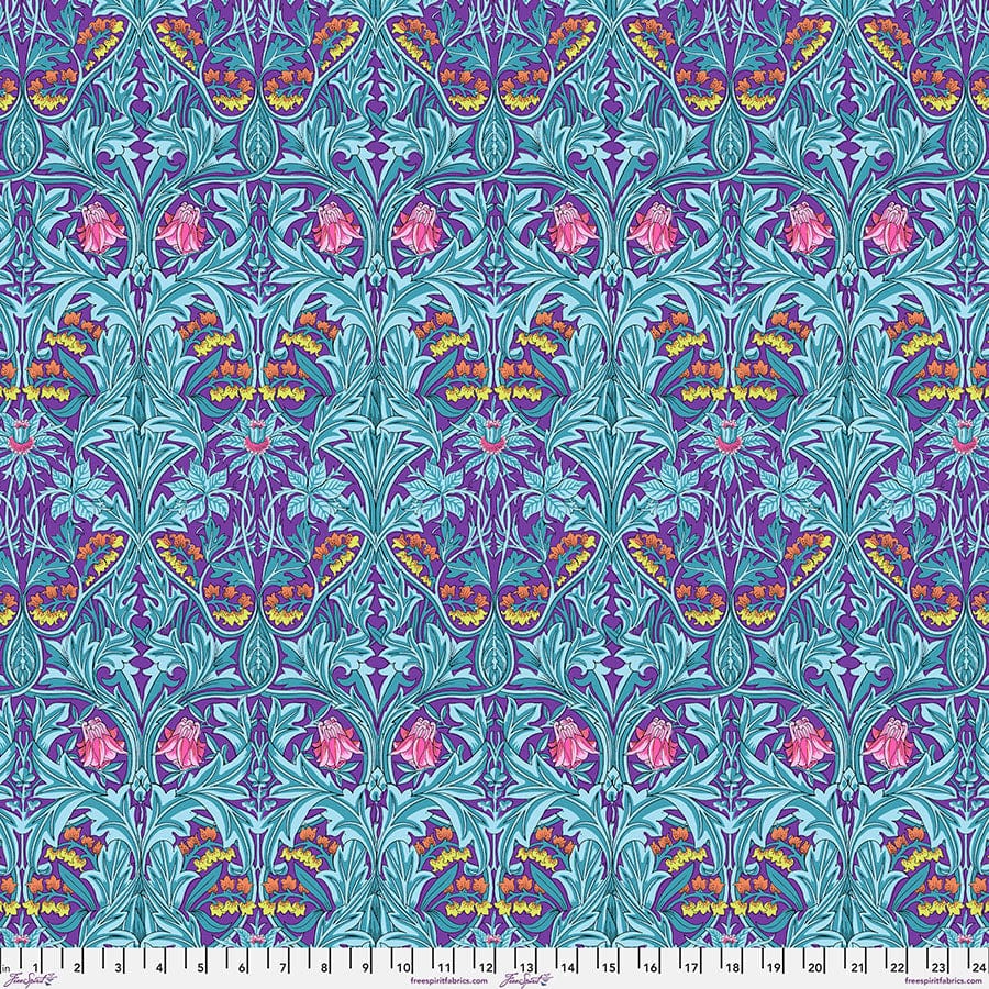 Cotton quilting fabric pattern called 'Bluebell in Purple'. Part of the 'Kaffe x The Original Morris & Co.' fabric collection. Designed by Kaffe Fassett and William Morris for fabric company Free Spirit Fabrics. SKU: PWKW004.PURPLE. 44-45 inch width.