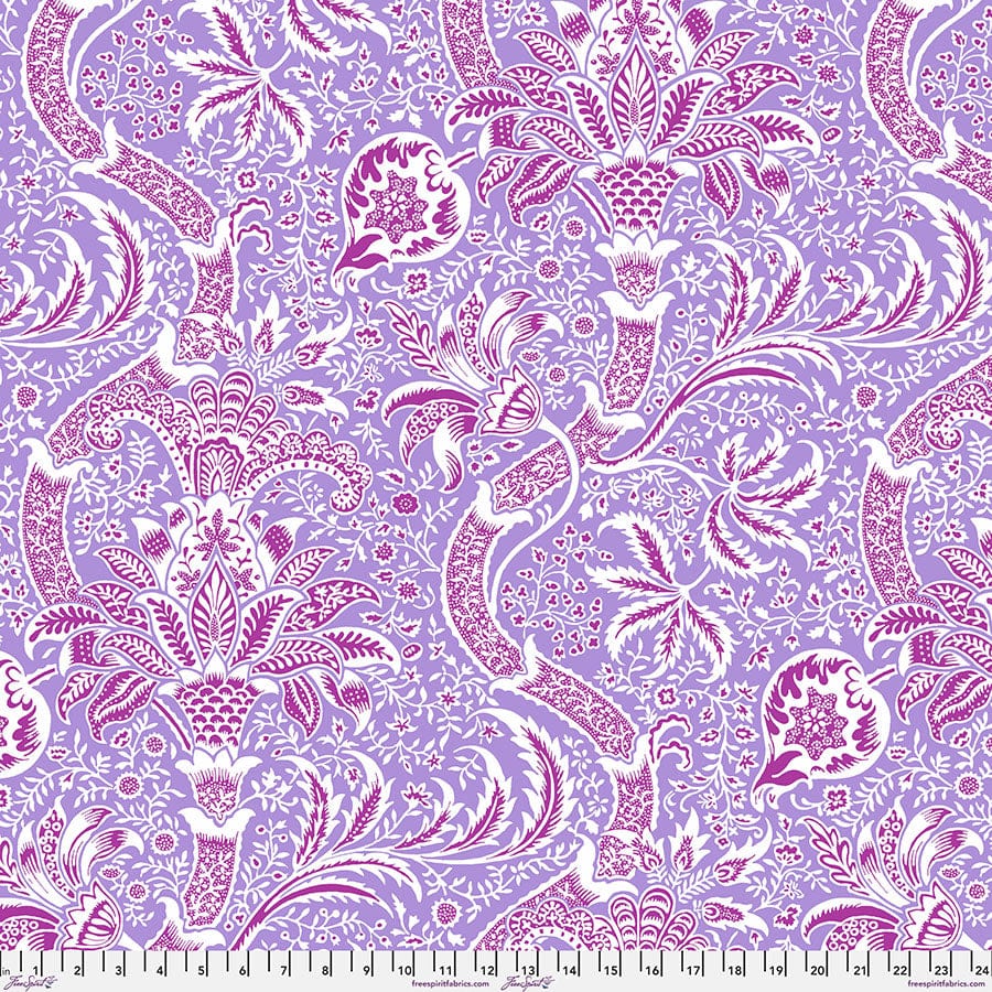 Cotton quilting fabric pattern called 'Indian in Lavender'. Part of the 'Kaffe x The Original Morris & Co.' fabric collection. Designed by Kaffe Fassett and William Morris for fabric company Free Spirit Fabrics. SKU: PWKW005.LAVENDER. 44-45 inch width.