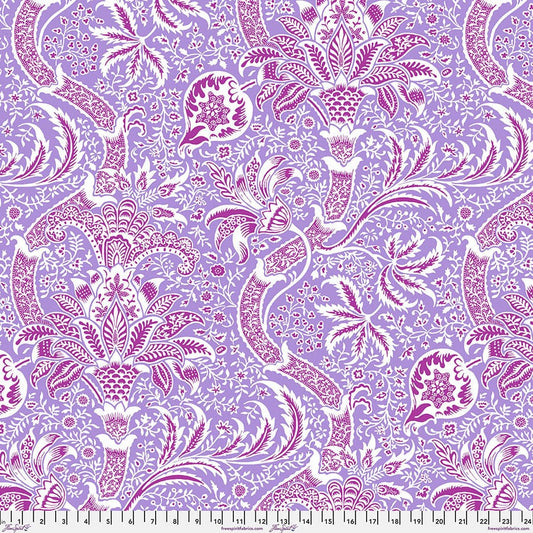 Cotton quilting fabric pattern called 'Indian in Lavender'. Part of the 'Kaffe x The Original Morris & Co.' fabric collection. Designed by Kaffe Fassett and William Morris for fabric company Free Spirit Fabrics. SKU: PWKW005.LAVENDER. 44-45 inch width.