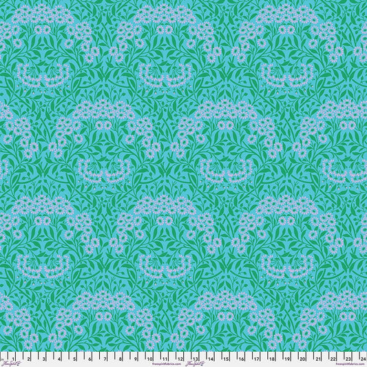 Cotton quilting fabric pattern called 'Michaelmas Daisy in Aqua'. Part of the 'Kaffe x The Original Morris & Co.' fabric collection. Designed by Kaffe Fassett and William Morris for fabric company Free Spirit Fabrics. SKU: PWKW007.AQUA. 44-45 inch width.