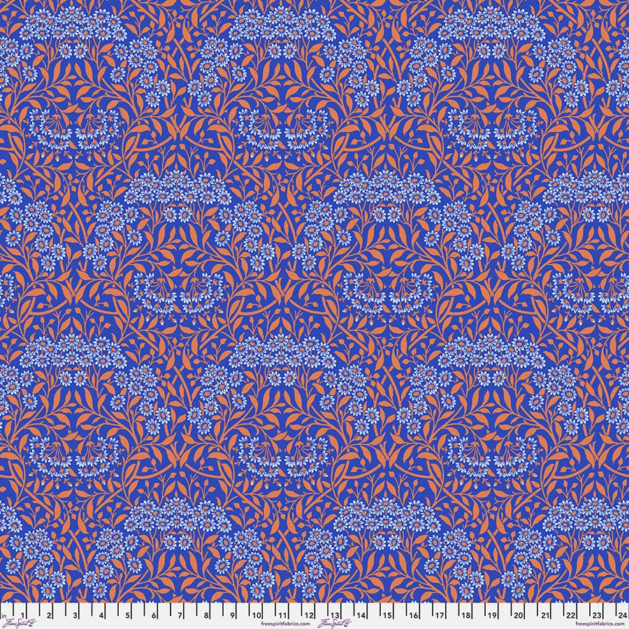 Cotton quilting fabric pattern called 'Michaelmas Daisy in Cobalt'. Part of the 'Kaffe x The Original Morris & Co.' fabric collection. Designed by Kaffe Fassett and William Morris for fabric company Free Spirit Fabrics. SKU: PWKW007.COBALT. 44-45 inch width.