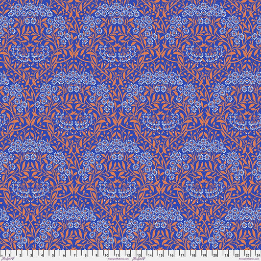 Cotton quilting fabric pattern called 'Michaelmas Daisy in Cobalt'. Part of the 'Kaffe x The Original Morris & Co.' fabric collection. Designed by Kaffe Fassett and William Morris for fabric company Free Spirit Fabrics. SKU: PWKW007.COBALT. 44-45 inch width.
