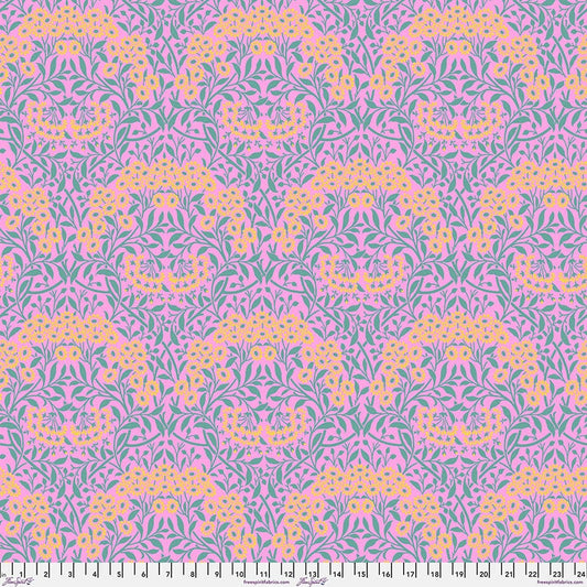 Cotton quilting fabric pattern called 'Michaelmas Daisy in Pink'. Part of the 'Kaffe x The Original Morris & Co.' fabric collection. Designed by Kaffe Fassett and William Morris for fabric company Free Spirit Fabrics. SKU: PWKW007.PINK. 44-45 inch width.