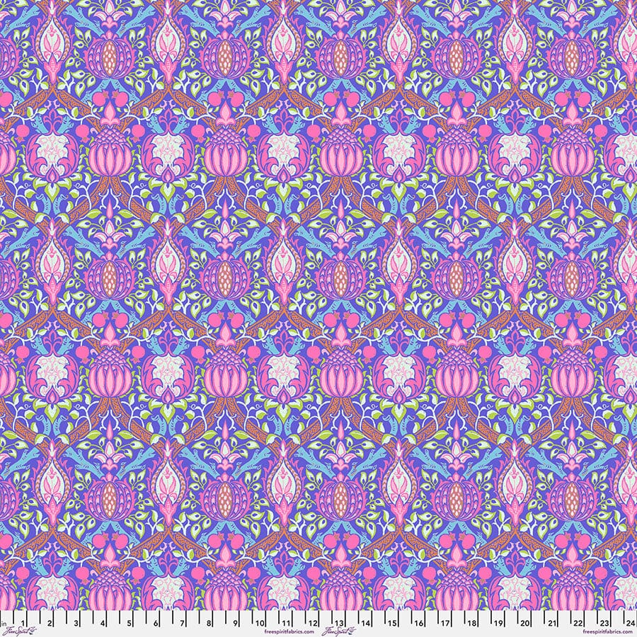 Cotton quilting fabric pattern called 'Granada in Purple'. Part of the 'Kaffe x The Original Morris & Co.' fabric collection. Designed by Kaffe Fassett and William Morris for fabric company Free Spirit Fabrics. SKU: PWKW008.PURPLE. 44-45 inch width.