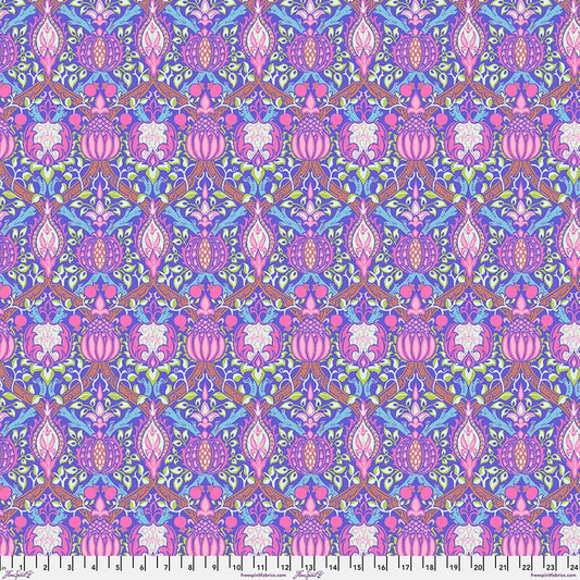Cotton quilting fabric pattern called 'Granada in Purple'. Part of the 'Kaffe x The Original Morris & Co.' fabric collection. Designed by Kaffe Fassett and William Morris for fabric company Free Spirit Fabrics. SKU: PWKW008.PURPLE. 44-45 inch width.