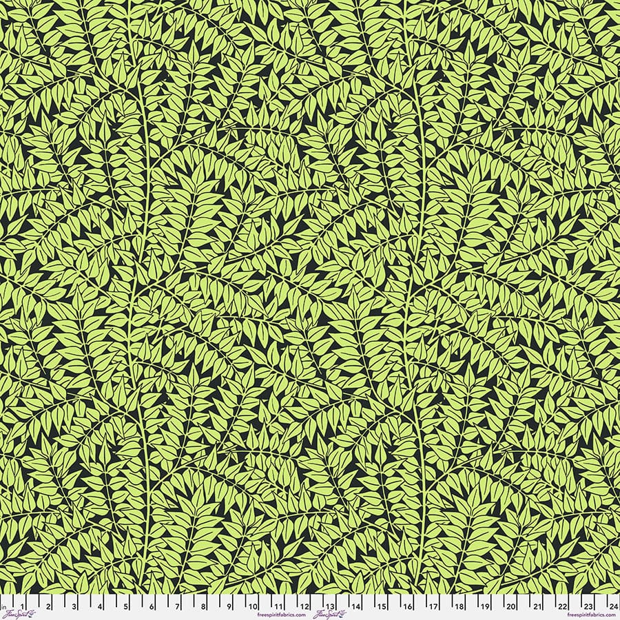 Cotton quilting fabric pattern called 'Branches in Black'. Part of the 'Kaffe x The Original Morris & Co.' fabric collection. Designed by Kaffe Fassett and William Morris for fabric company Free Spirit Fabrics. SKU: PWKW009.BLACK. 44-45 inch width.