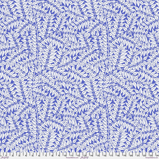 Cotton quilting fabric pattern called 'Branches in Blue'. Part of the 'Kaffe x The Original Morris & Co.' fabric collection. Designed by Kaffe Fassett and William Morris for fabric company Free Spirit Fabrics. SKU: PWKW009.BLUE. 44-45 inch width.