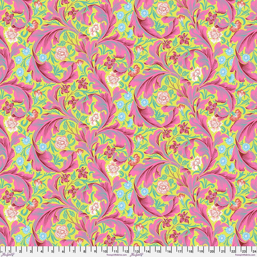 Cotton quilting fabric pattern called 'Leicester in Fuscia'. Part of the 'Kaffe x The Original Morris & Co.' fabric collection. Designed by Kaffe Fassett and William Morris for fabric company Free Spirit Fabrics. SKU: PWKW011.FUSCIA. 44-45 inch width.