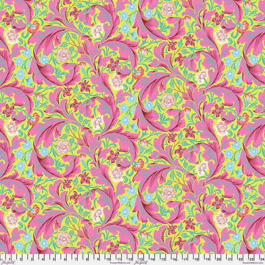 Cotton quilting fabric pattern called 'Leicester in Fuscia'. Part of the 'Kaffe x The Original Morris & Co.' fabric collection. Designed by Kaffe Fassett and William Morris for fabric company Free Spirit Fabrics. SKU: PWKW011.FUSCIA. 44-45 inch width.