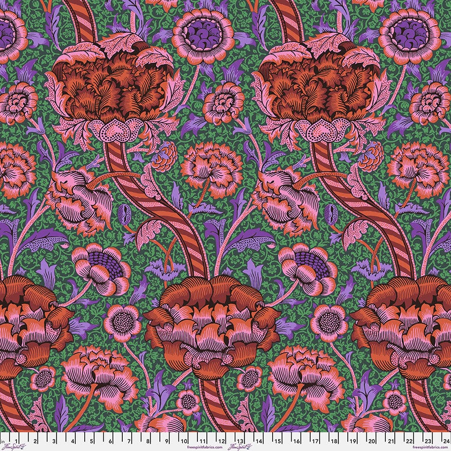 Cotton quilting fabric pattern called 'Wandle in Red'. Part of the 'Kaffe x The Original Morris & Co.' fabric collection. Designed by Kaffe Fassett and William Morris for fabric company Free Spirit Fabrics. SKU: PWKW012.RED. 44-45 inch width.