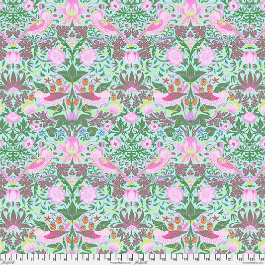 Cotton quilting fabric pattern called 'Strawberry Thief in Aqua'. Part of the 'Kaffe x The Original Morris & Co.' fabric collection. Designed by Kaffe Fassett and William Morris for fabric company Free Spirit Fabrics. SKU: PWKW013.AQUA. 44-45 inch width.