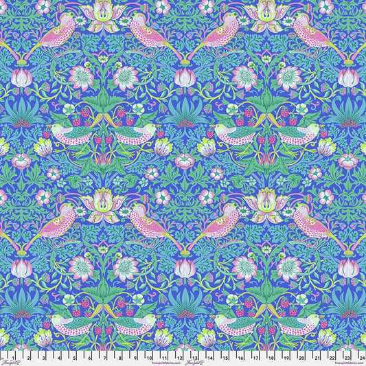 Cotton quilting fabric pattern called 'Strawberry Thief in Blue'. Part of the 'Kaffe x The Original Morris & Co.' fabric collection. Designed by Kaffe Fassett and William Morris for fabric company Free Spirit Fabrics. SKU: PWKW013.BLUE. 44-45 inch width.