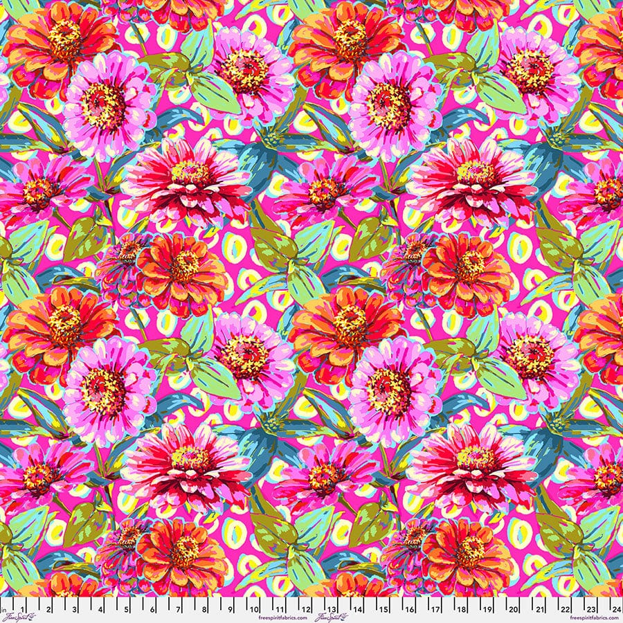 Zinnias in pink fabric, part of the Festival fabric collection by Odile Bailloeul (SKU: PWOB120.PINK)