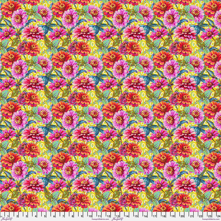 SM Zinnias in Green fabric, part of the Festival fabric collection by Odile Bailloeul (SKU: PWOB121.GREEN)