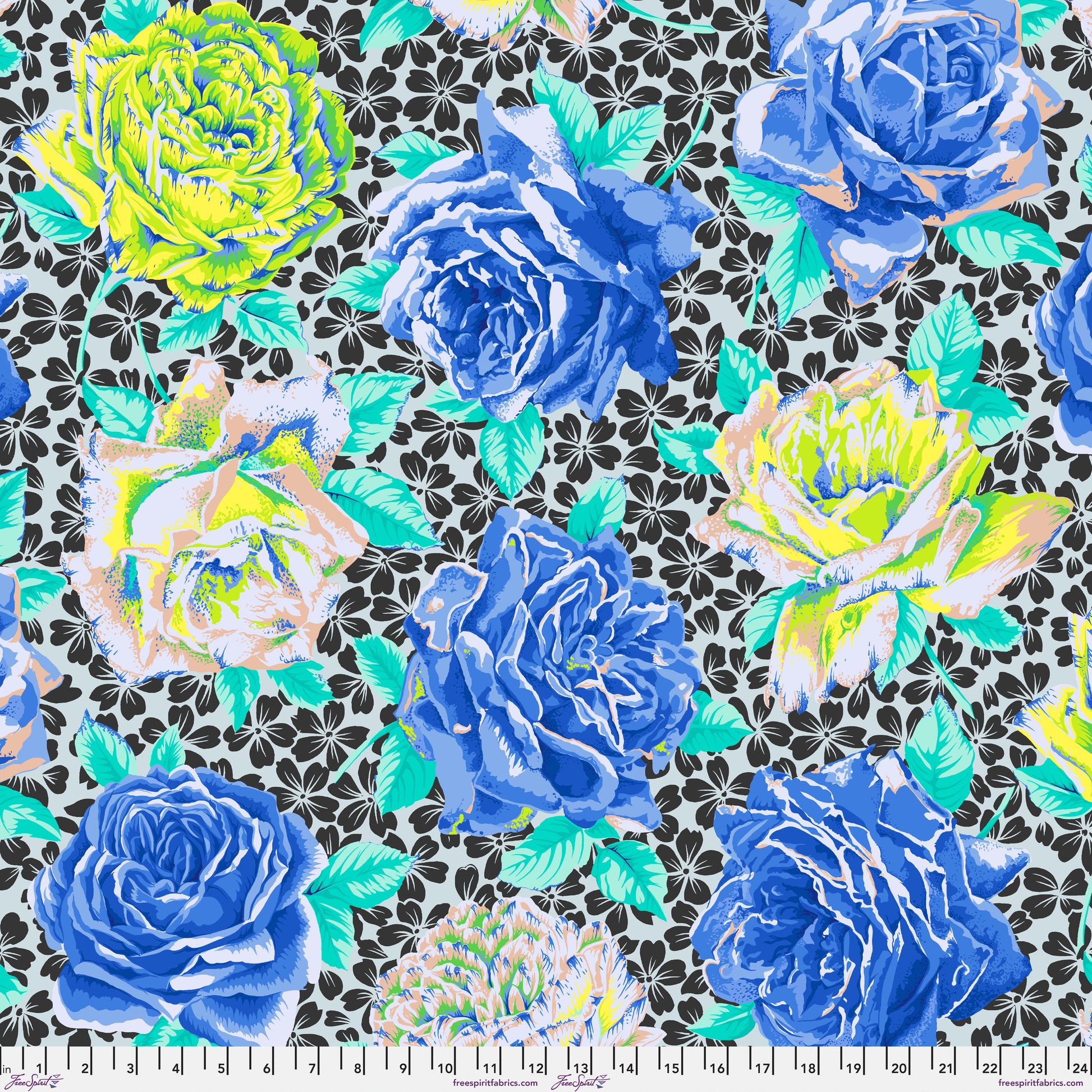 Rose Bloom in Blue quilting fabric, part of the Kaffe Fassett Collective February 2026 fabric collection (SKU: PWPJ077.BLUE)