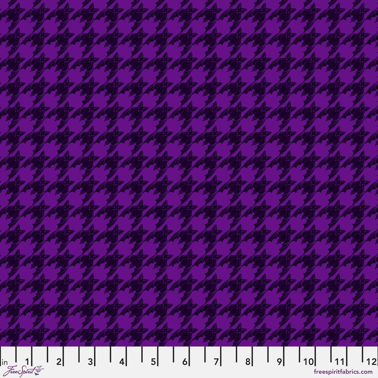 Cotton quilting fabric pattern called 'Batstooth in Purple'. Part of the 'Mystic Moonlight' fabric collection. Designed by Rachel Hauer for fabric company Free Spirit. SKU: PWRH037.PURPLE. 44-45 inch width.