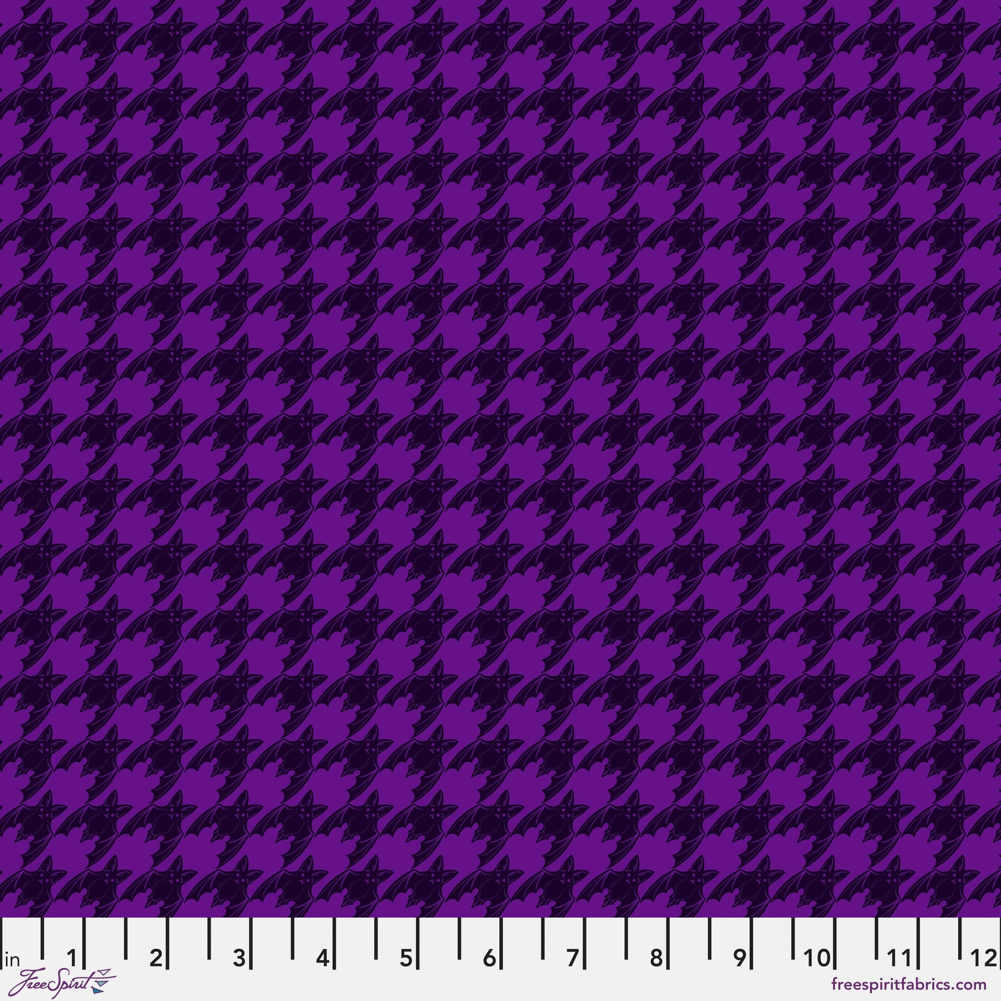 Cotton quilting fabric pattern called 'Batstooth in Purple'. Part of the 'Mystic Moonlight' fabric collection. Designed by Rachel Hauer for fabric company Free Spirit. SKU: PWRH037.PURPLE. 44-45 inch width.