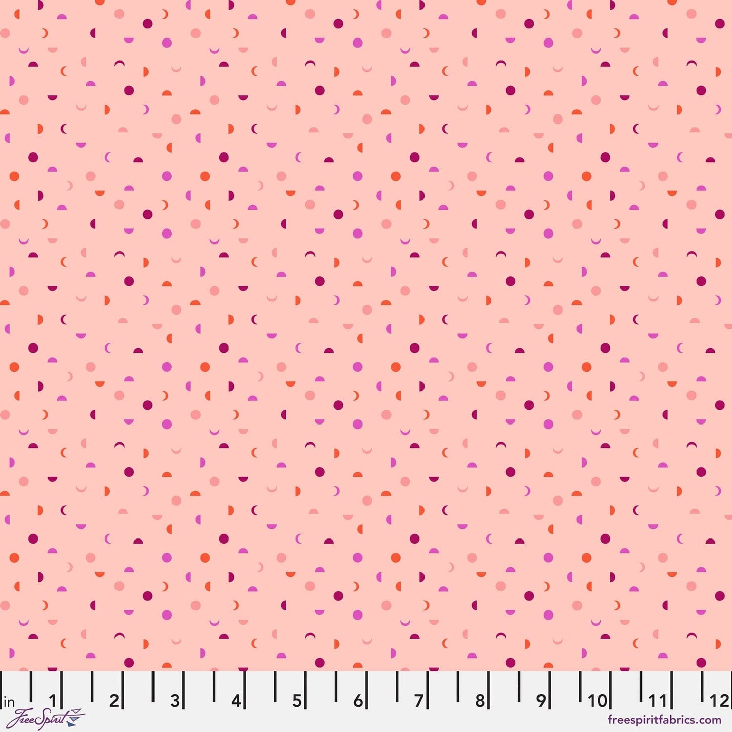 Cotton quilting fabric pattern called 'It's a Phase in Blush'. Part of the 'Mythical' fabric collection. Designed by Stacy Peterson for fabric company FreeSpirit Fabrics. SKU: PWST014.XBLUSH. 44-45 inch width.