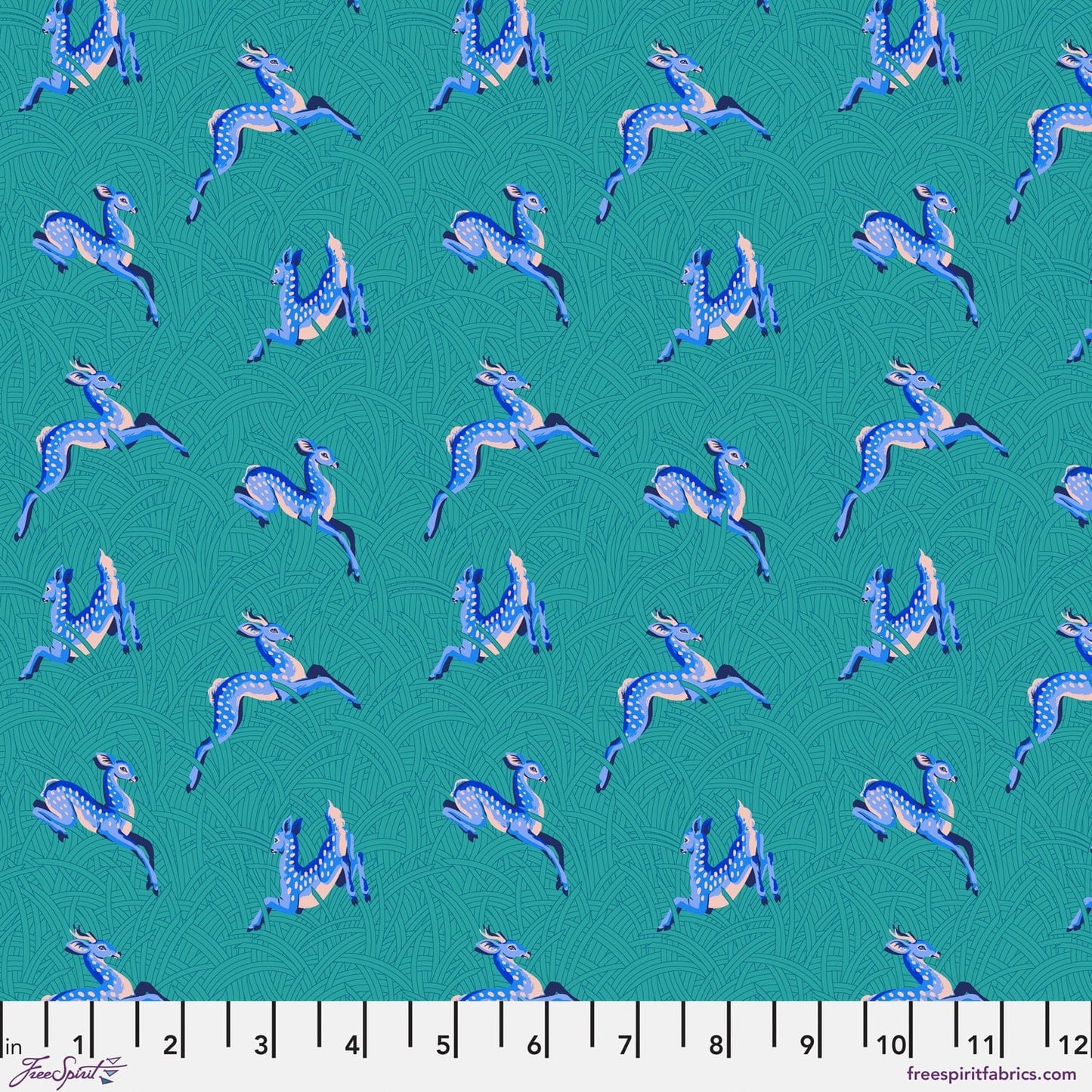 Cotton quilting fabric pattern called 'Small Wild Meadow in Teal'. Part of the 'Mythical' fabric collection. Designed by Stacy Peterson for fabric company FreeSpirit Fabrics. SKU: PWST016.XTEAL. 44-45 inch width.