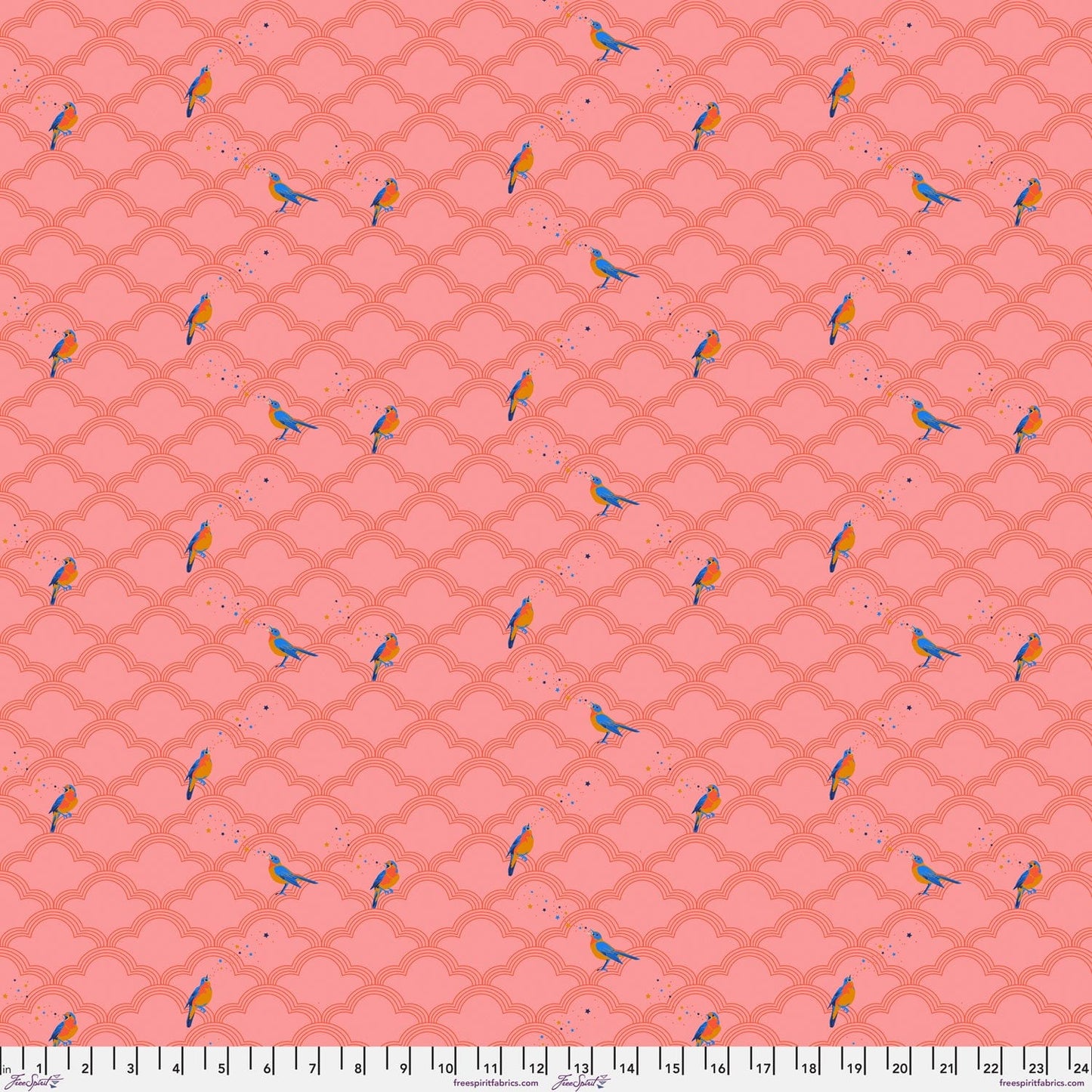Cotton quilting fabric pattern called 'Nightingale in Peach'. Part of the 'Mythical' fabric collection. Designed by Stacy Peterson for fabric company FreeSpirit Fabrics. SKU: PWST019.XPEACH. 44-45 inch width.