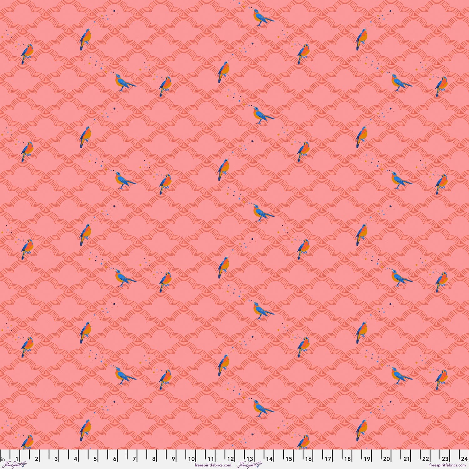 Cotton quilting fabric pattern called 'Nightingale in Peach'. Part of the 'Mythical' fabric collection. Designed by Stacy Peterson for fabric company FreeSpirit Fabrics. SKU: PWST019.XPEACH. 44-45 inch width.