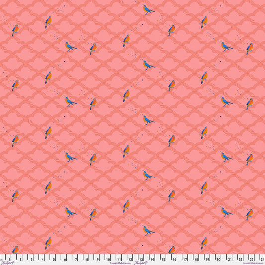 Cotton quilting fabric pattern called 'Nightingale in Peach'. Part of the 'Mythical' fabric collection. Designed by Stacy Peterson for fabric company FreeSpirit Fabrics. SKU: PWST019.XPEACH. 44-45 inch width.