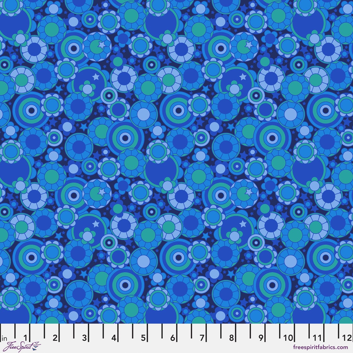 Cotton quilting fabric pattern called 'Mythical Bloom in Blue'. Part of the 'Mythical' fabric collection. Designed by Stacy Peterson for fabric company FreeSpirit Fabrics. SKU: PWST020.XBLUE. 44-45 inch width.