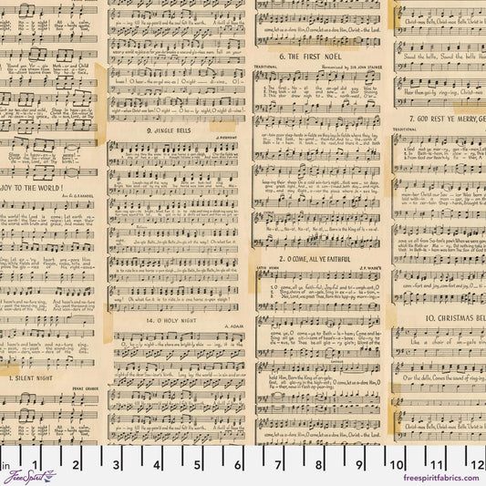 Cotton quilting fabric pattern called 'Caroler in Neutral'. Part of the 'Holidays Past' fabric collection. Designed by Tim Holtz for fabric company Free Spirit. SKU: PWTH196.NEUTRAL. 44-45 inch width.