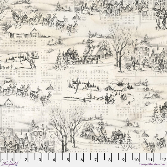 Cotton quilting fabric pattern called 'Winter Toile in Neutral'. Part of the 'Holidays Past' fabric collection. Designed by Tim Holtz for fabric company Free Spirit. SKU: PWTH200.NEUTRAL. 44-45 inch width.