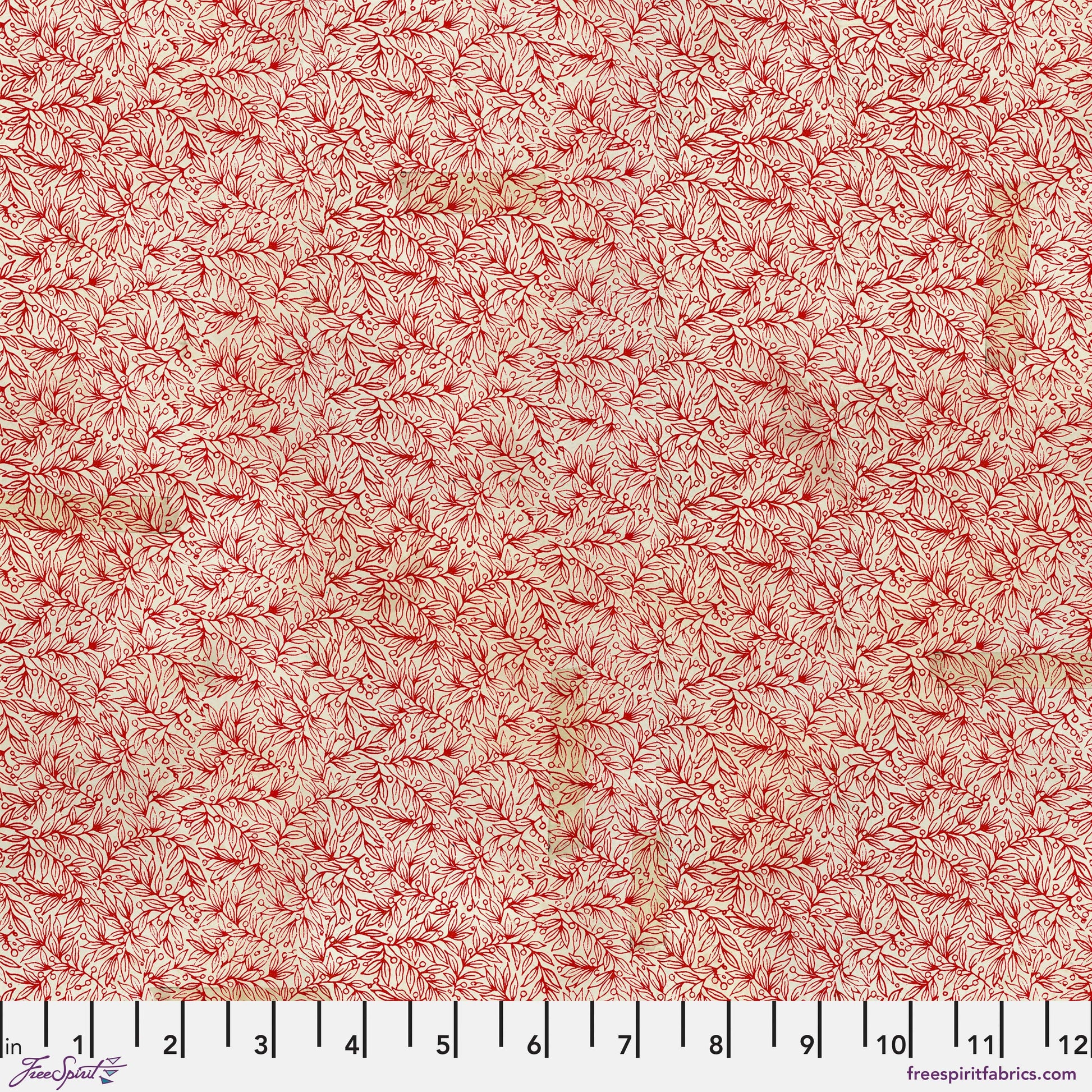 Cotton quilting fabric pattern called 'Berry Branch in Red'. Part of the 'Holidays Past' fabric collection. Designed by Tim Holtz for fabric company Free Spirit. SKU: PWTH202.RED. 44-45 inch width.