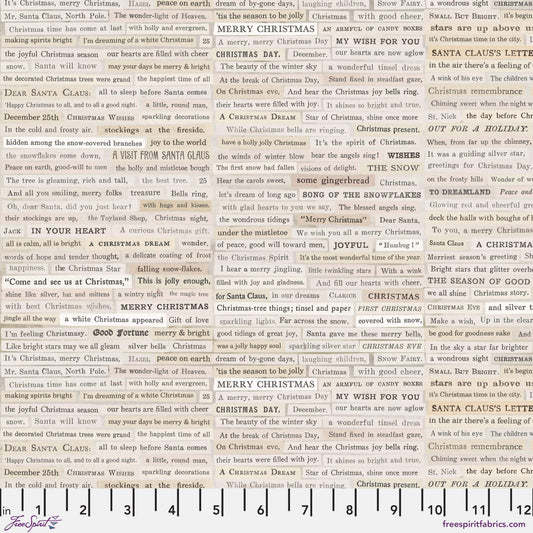 Cotton quilting fabric pattern called 'Christmas Clippings in Neutral'. Part of the 'Holidays Past' fabric collection. Designed by Tim Holtz for fabric company Free Spirit. SKU: PWTH203.NEUTRAL. 44-45 inch width.