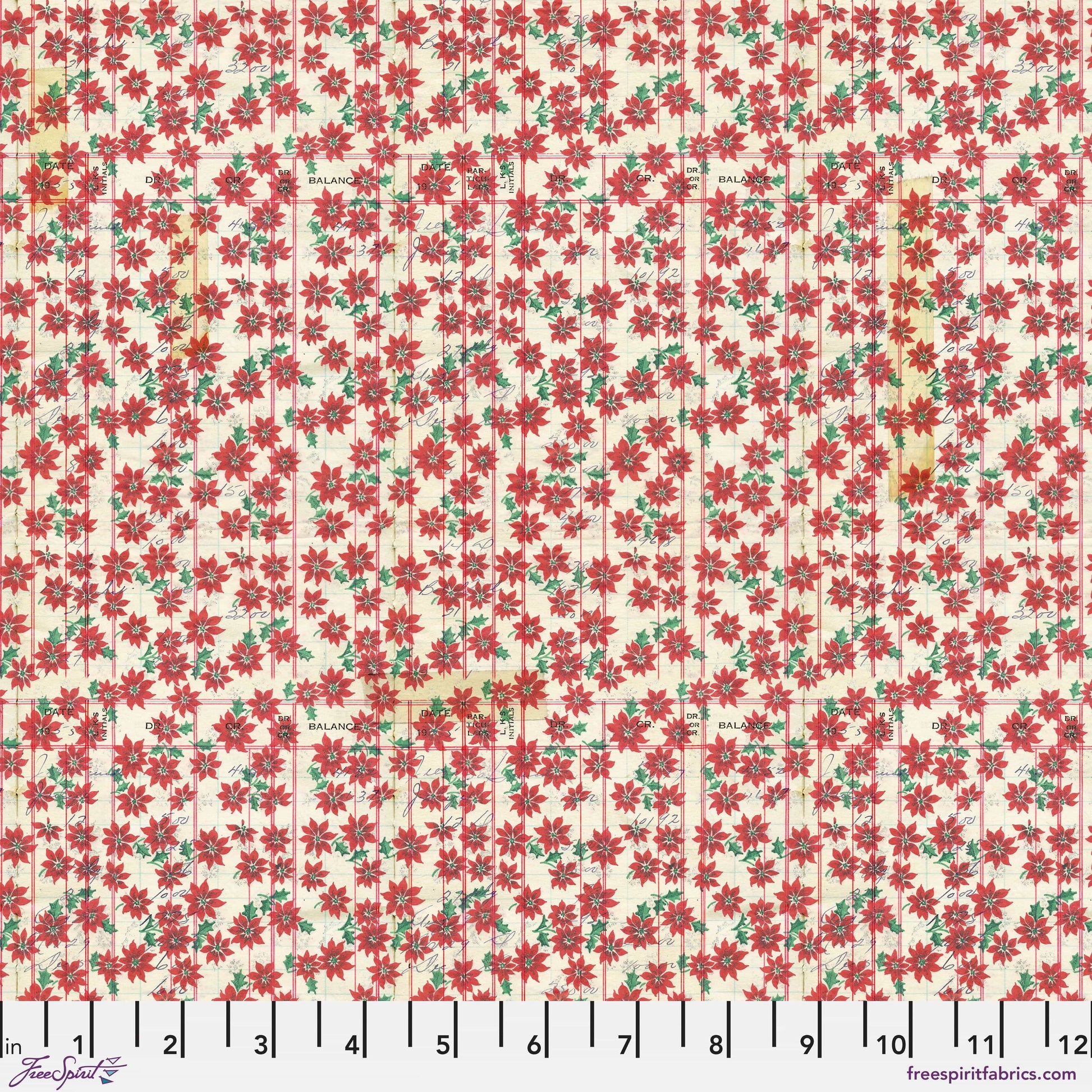 Cotton quilting fabric pattern called 'Festive Ledger in Red'. Part of the 'Holidays Past' fabric collection. Designed by Tim Holtz for fabric company Free Spirit. SKU: PWTH205.RED. 44-45 inch width.