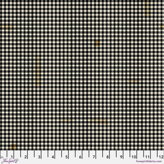 Cotton quilting fabric pattern called 'Taped Gingham in Black'. Part of the 'Holidays Past' fabric collection. Designed by Tim Holtz for fabric company Free Spirit. SKU: PWTH208.BLACK. 44-45 inch width.