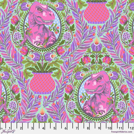 Cotton quilting fabric pattern called 'Tree Rex in Mist'. Part of the 'Roar!' fabric collection. Designed by Tula Pink for fabric company Free Spirit Fabrics. SKU: PWTP222.MIST. 44-45 inch width.