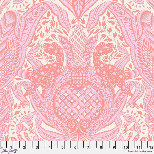 Cotton quilting fabric pattern called 'Gift Rapt in Blush'. Part of the 'Roar!' fabric collection. Designed by Tula Pink for fabric company Free Spirit Fabrics. SKU: PWTP224.BLUSH. 44-45 inch width.