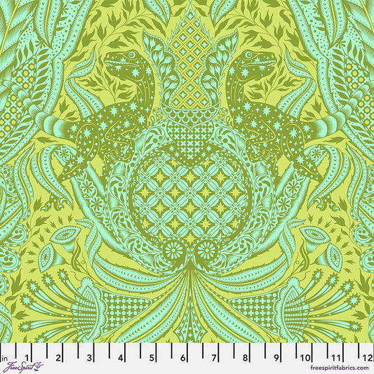 Cotton quilting fabric pattern called 'Gift Rapt in Lime'. Part of the 'Roar!' fabric collection. Designed by Tula Pink for fabric company Free Spirit Fabrics. SKU: PWTP224.LIME. 44-45 inch width.