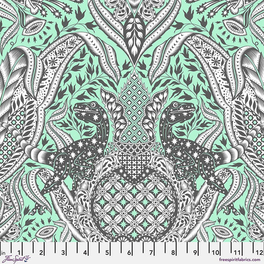 Cotton quilting fabric pattern called 'Gift Rapt in Mint'. Part of the 'Roar!' fabric collection. Designed by Tula Pink for fabric company Free Spirit Fabrics. SKU: PWTP224.MINT. 44-45 inch width.
