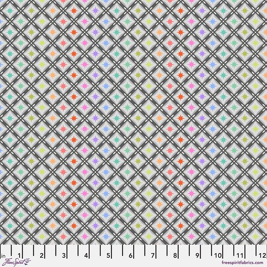 Cotton quilting fabric pattern called 'Stargazer in Storm'. Part of the 'Roar!' fabric collection. Designed by Tula Pink for fabric company Free Spirit Fabrics. SKU: PWTP228.STORM. 44-45 inch width.
