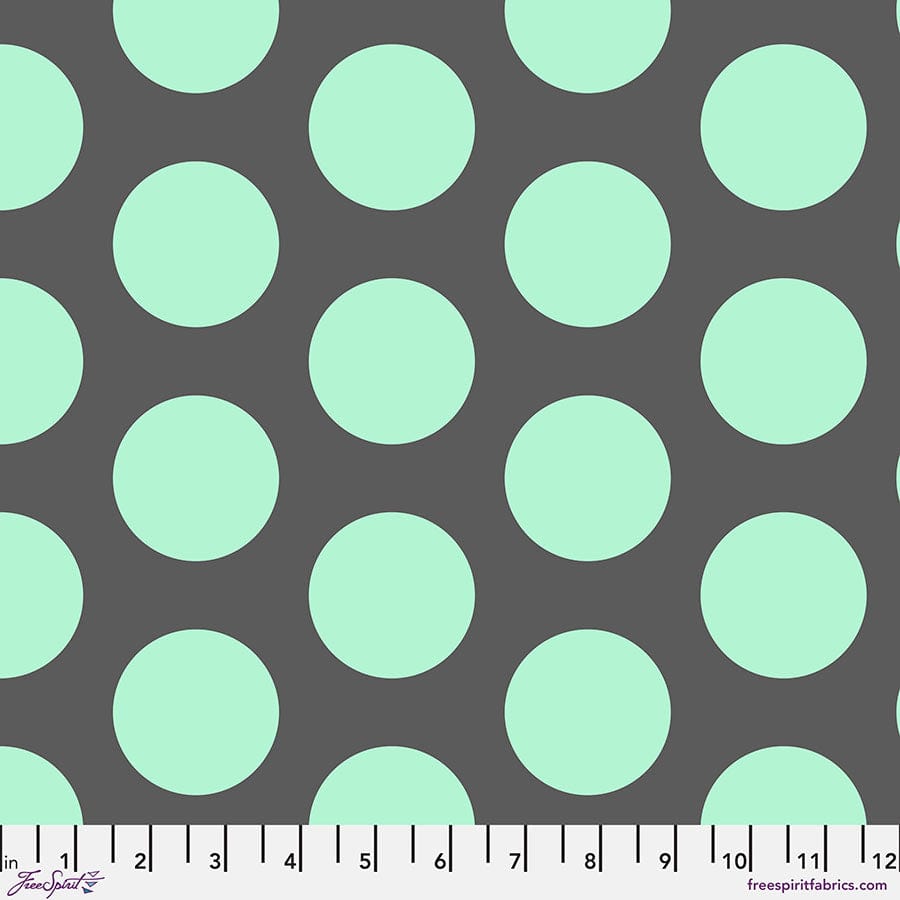 Cotton quilting fabric pattern called 'Dino Eggs in Storm'. Part of the 'Roar!' fabric collection. Designed by Tula Pink for fabric company Free Spirit Fabrics. SKU: PWTP230.STORM. 44-45 inch width.