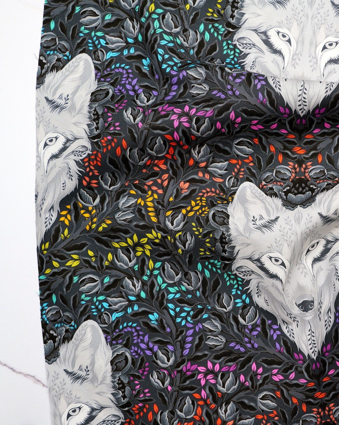 Wolf of Pink Street in Carbon quilting fabric, part of the Graywork fabric collection by Tula Pink (SKU: PWTP256.CARBON)