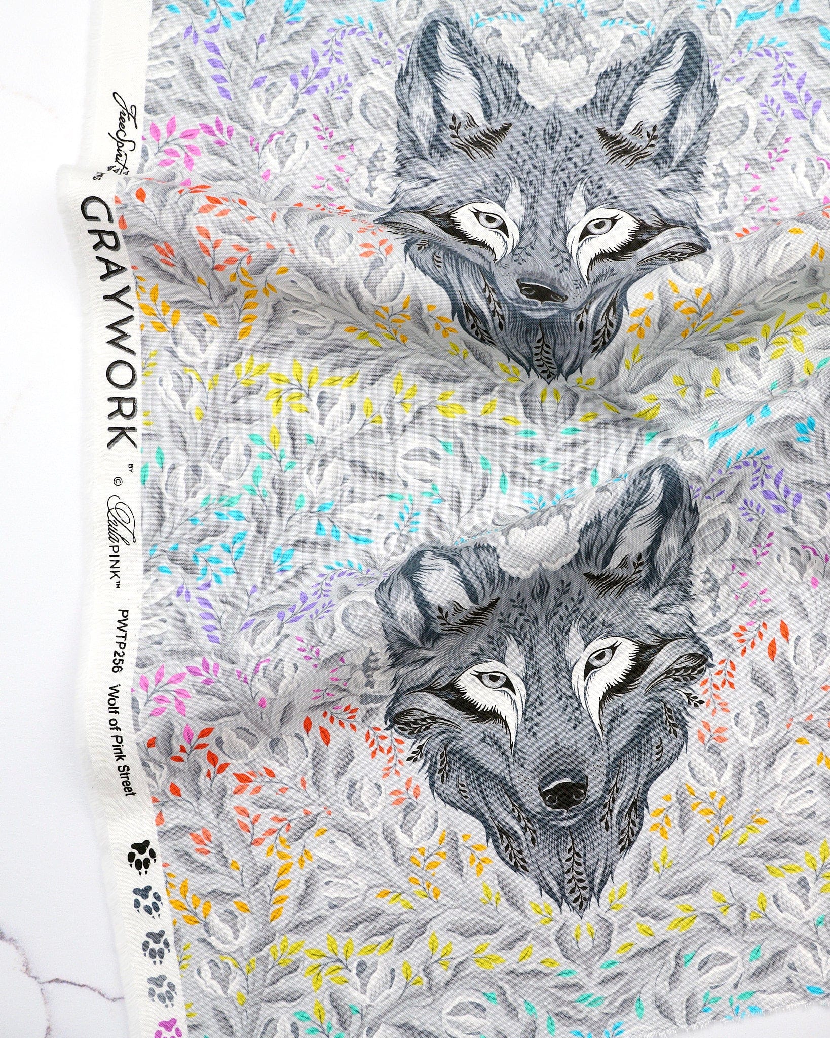 Wolf of Pink Street in Fog quilting fabric, part of the Graywork fabric collection by Tula Pink (SKU: PWTP256.FOG)
